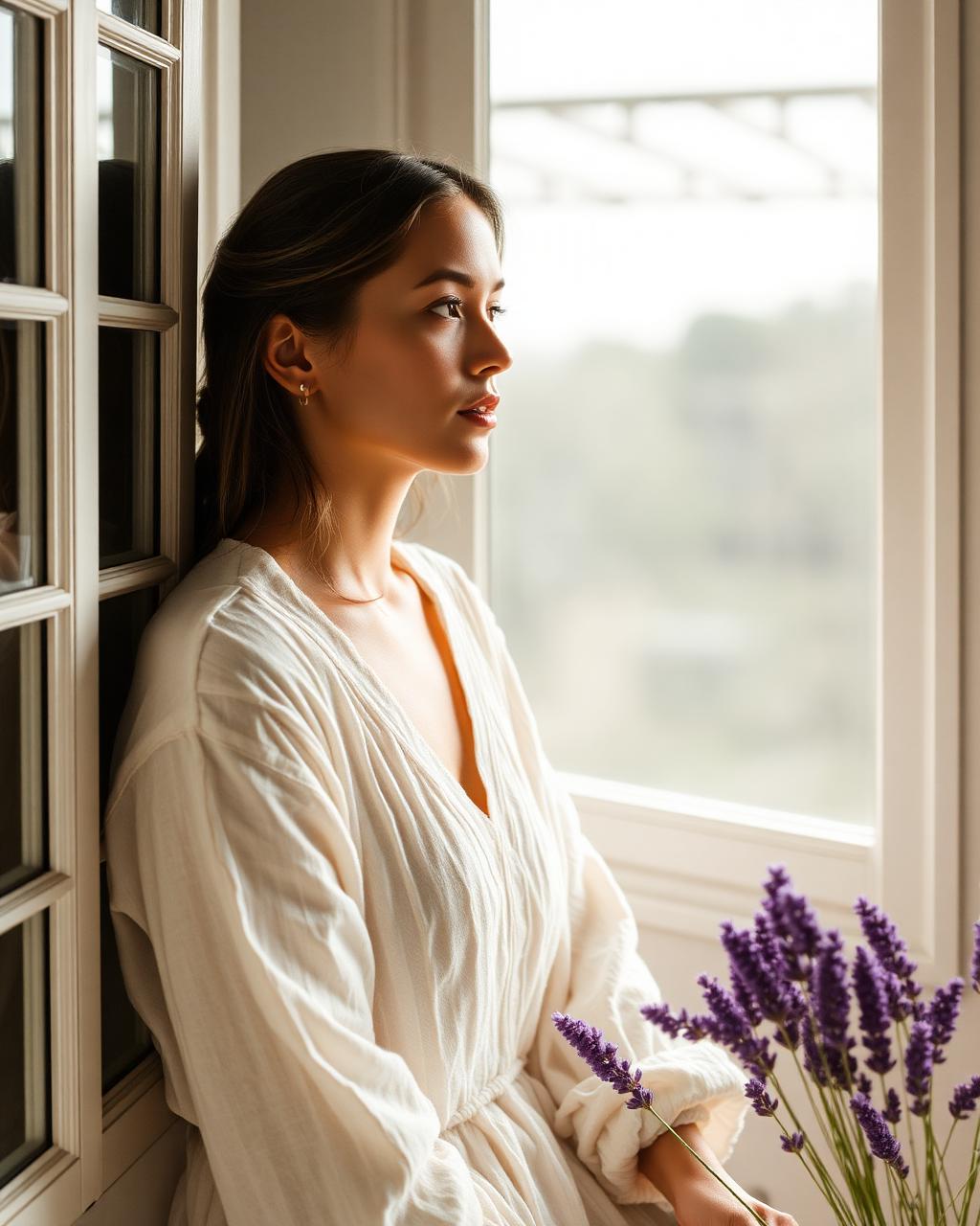 Mulher contemplativa, retrato editorial